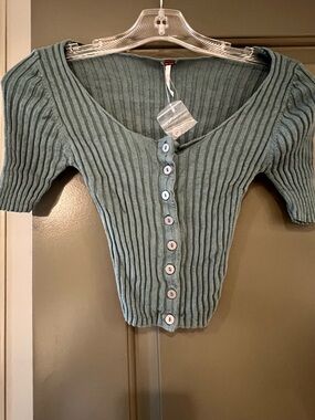 Free People Ribbed Button-Front Knit Top in Dusty Sage